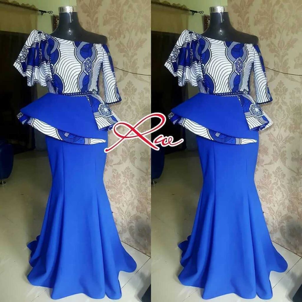 Beautifully Designed Ankara Off-Shoulder Blouse Combined With Lace, Over A Pencil Fitted Long Straight Skirt