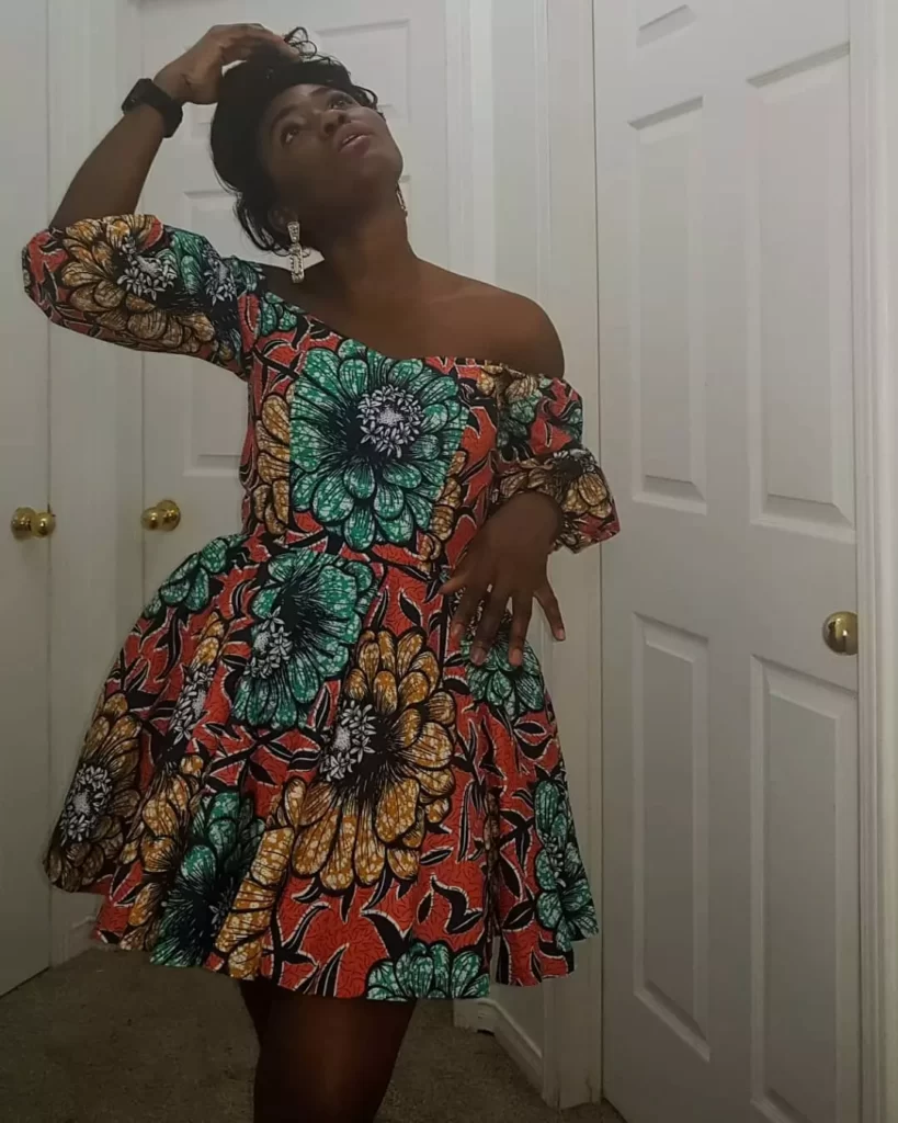 Off Shoulder Ankara, Short Gown Dresses With Gathers At The Waist Line