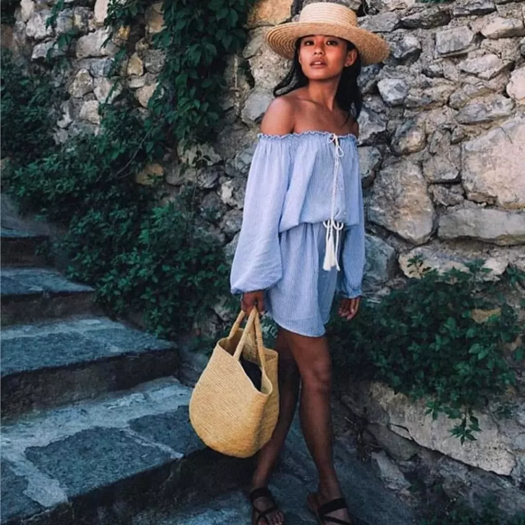Gorgeous Plaid Dress Boho Outfit, Waterproof Slide Sandal, and Raffia Shopper Bag