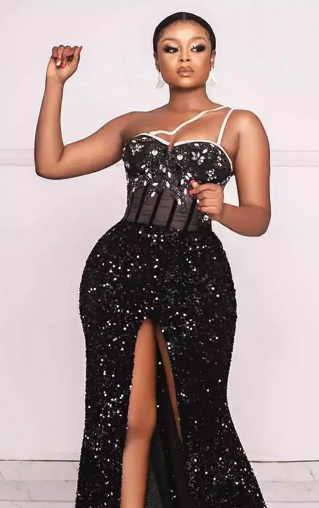 One Hand Sequin Long Black Dress Styles With High Thigh Slit