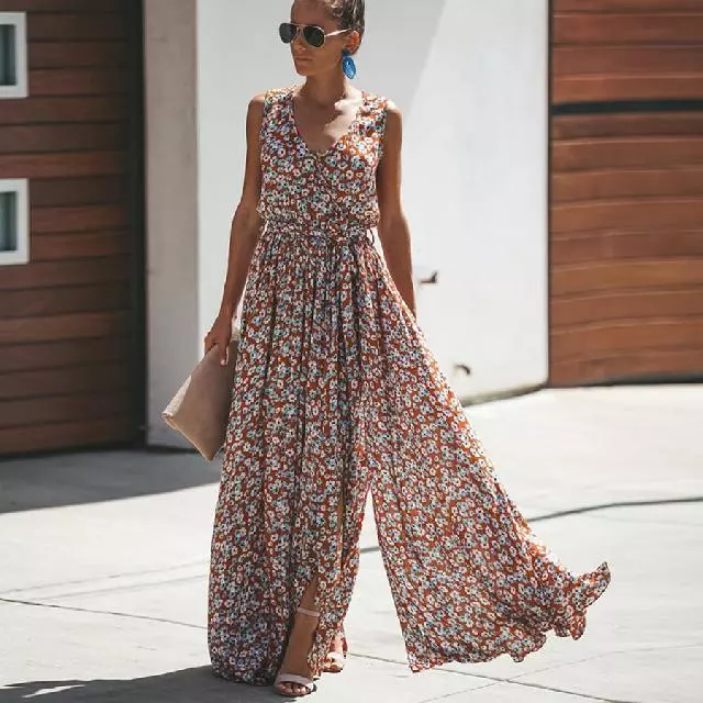 Casual V Neck Floral Print Sleeveless Dress