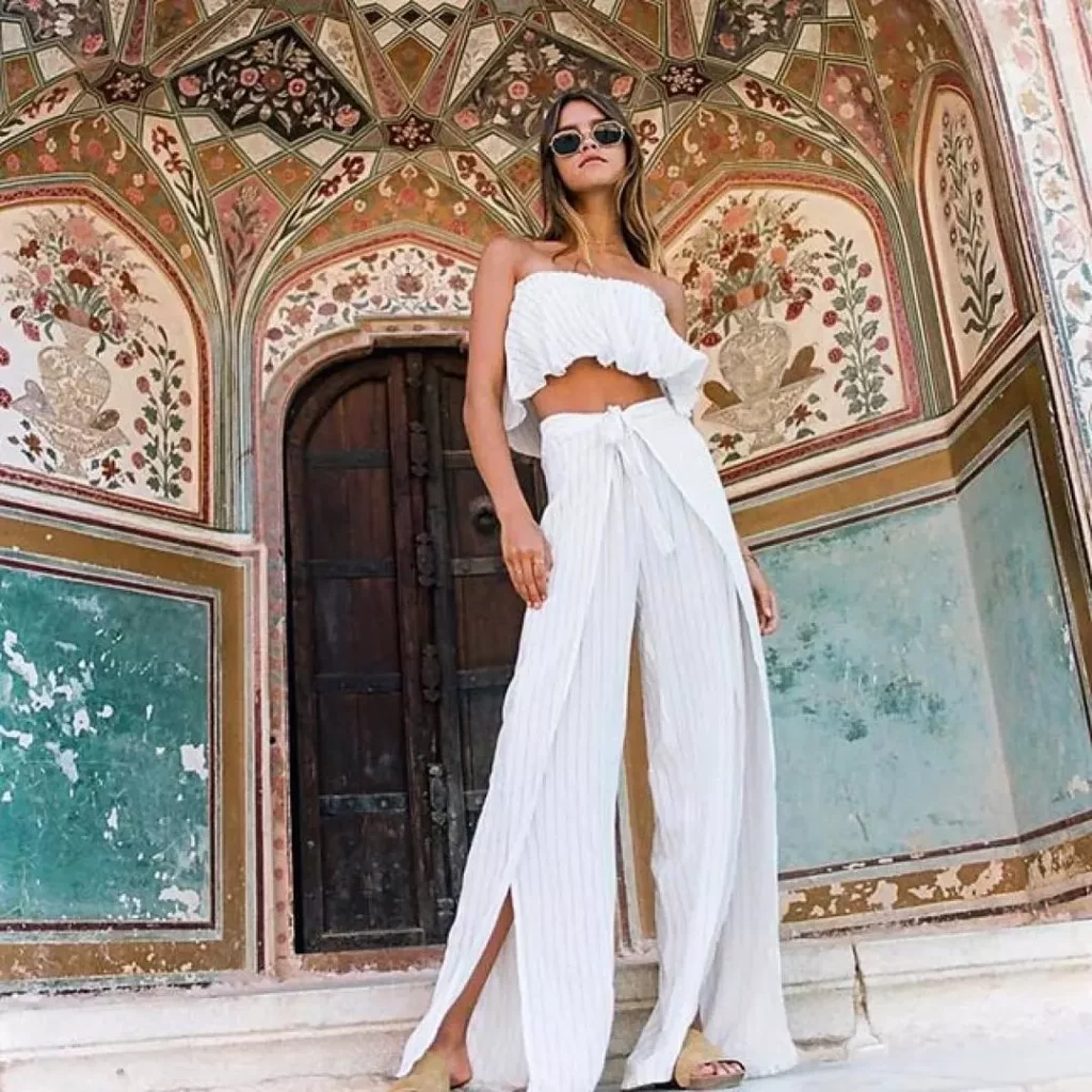 Wool-Blend Dress Pants and Frill Crop Top