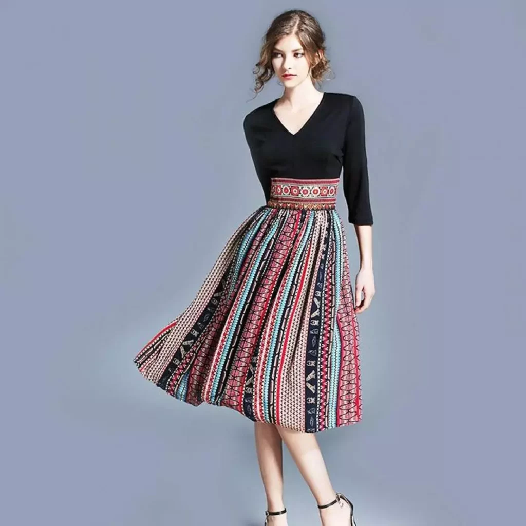 Long Sleeve Blouse with Patterned Midi Skirt