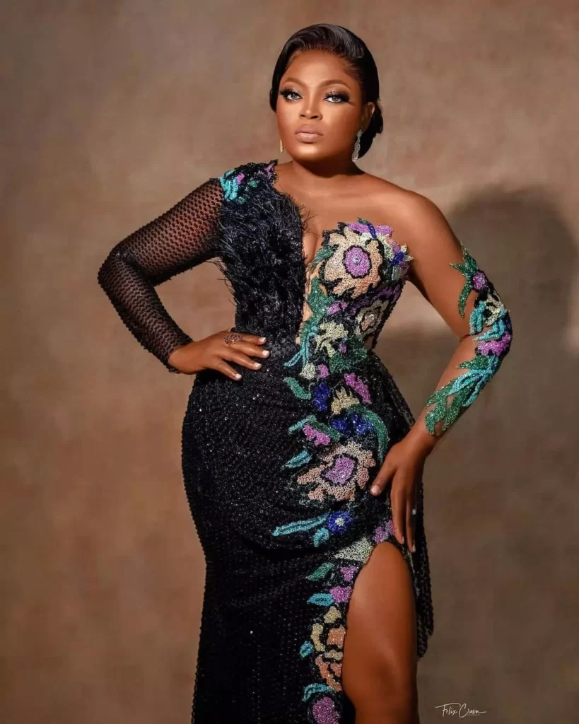 Funke Akindele on a Long Black Sequin Dress