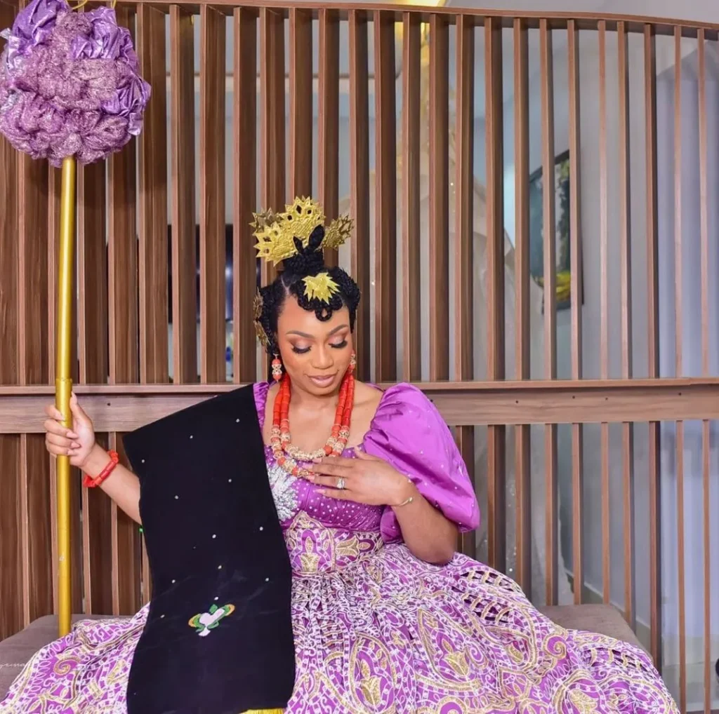 Beautiful Purple Satin and White Efik Traditional Onyonyo Dress With Wig and Combs