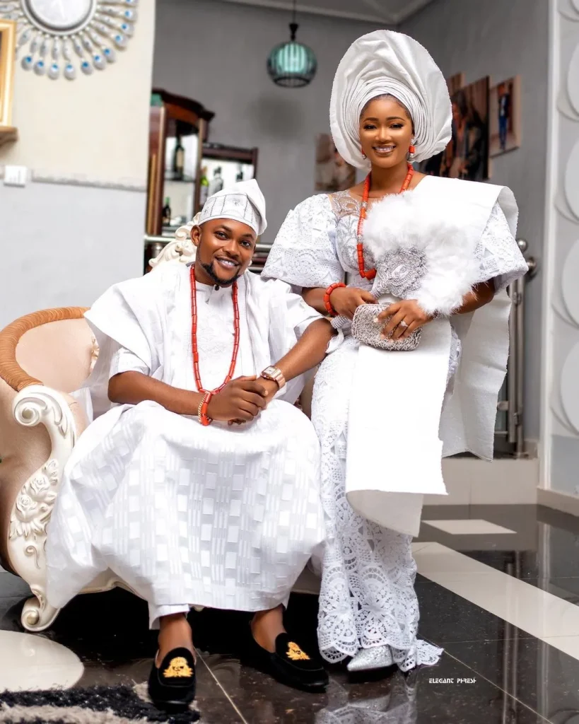 White traditional yoruba attire for bride and groom