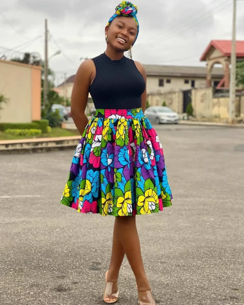 Afrocentric Skirt Ankara Print, Matching Headwrap, 2 Deep Pockets,Elastic Waist