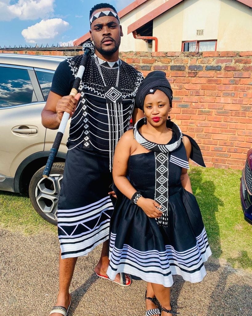 Black Xhosa Wedding Dress with Matching attire for man.