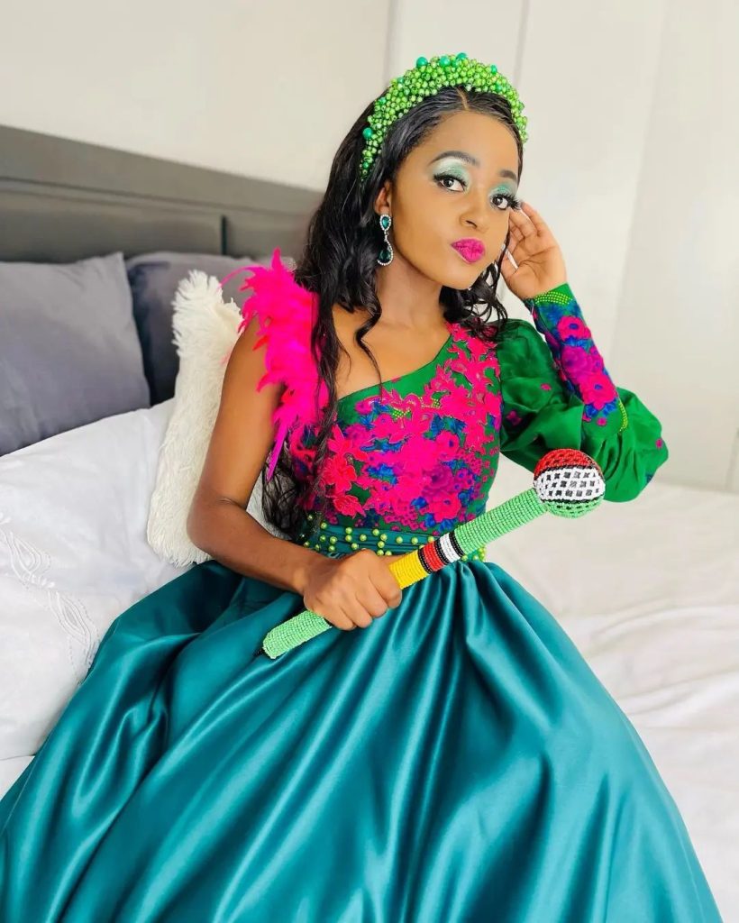 Makoti In Tsonga Traditional Wedding Outfit Pink and Green Tsonga traditional Attire