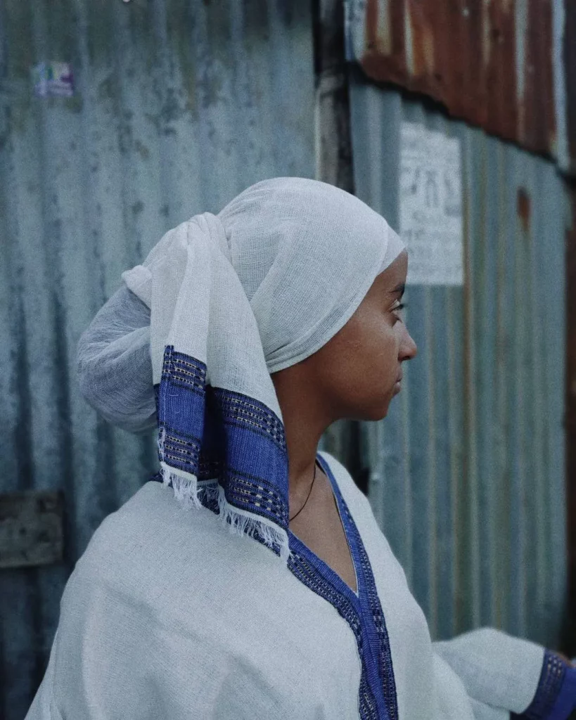 
Cream and Blue Hand Woven Habesha Kemis 