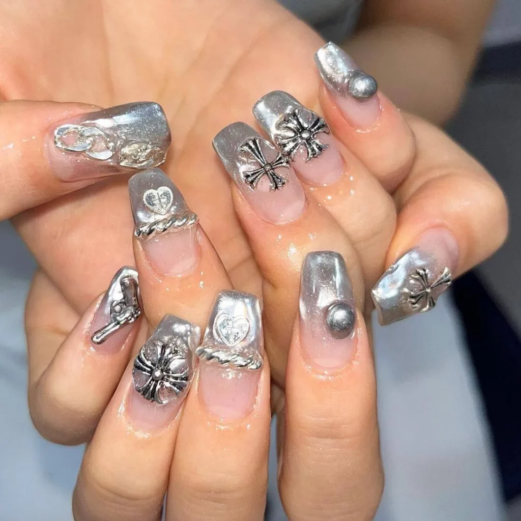Asymmetrical Silver Nail Design Ideas