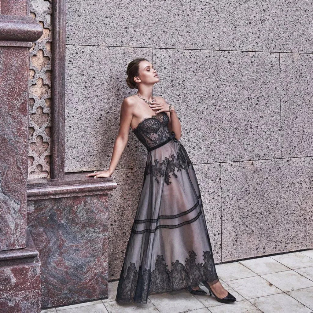 black lace off-shoulder dress