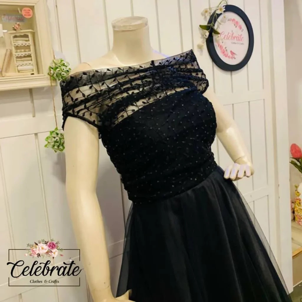 black lace capped sleeves gown