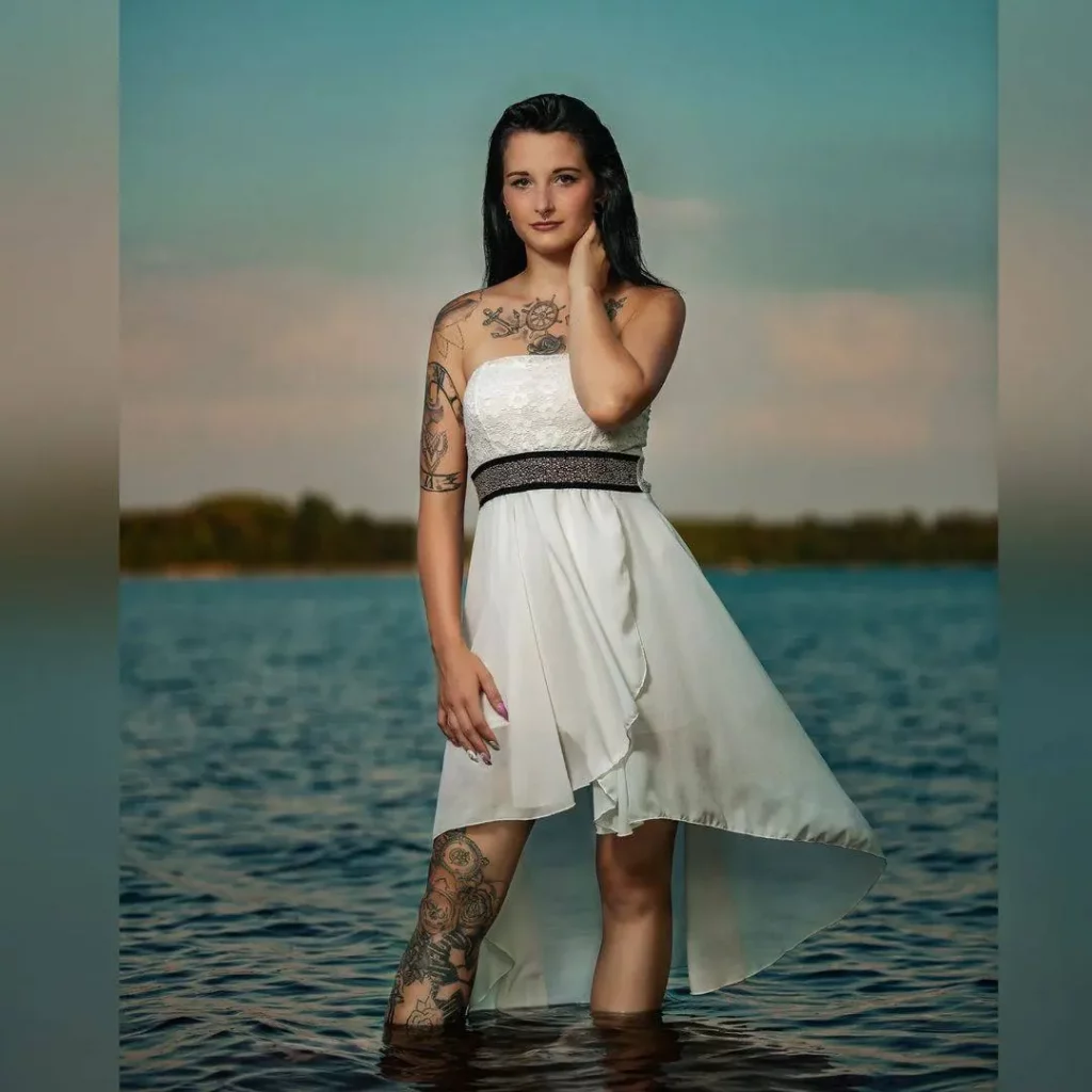 white dress with high-low hem"