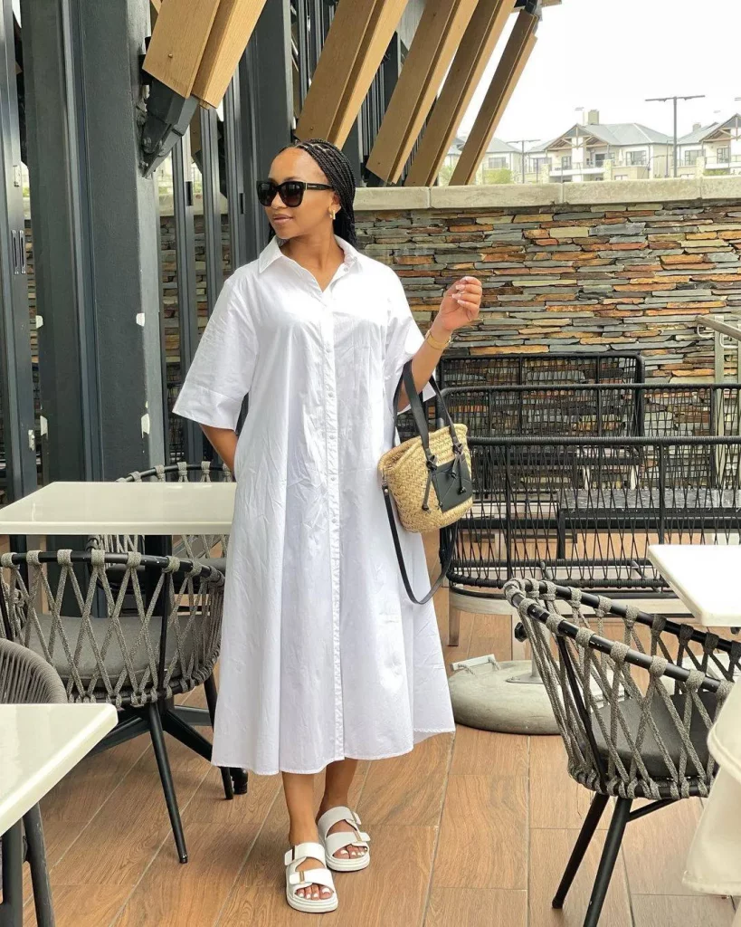 white shirtdress with buttons