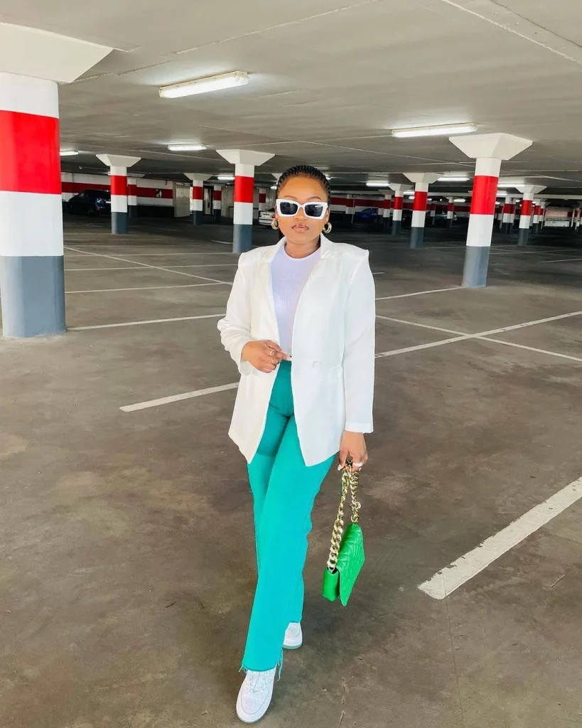 Green and white office wear
