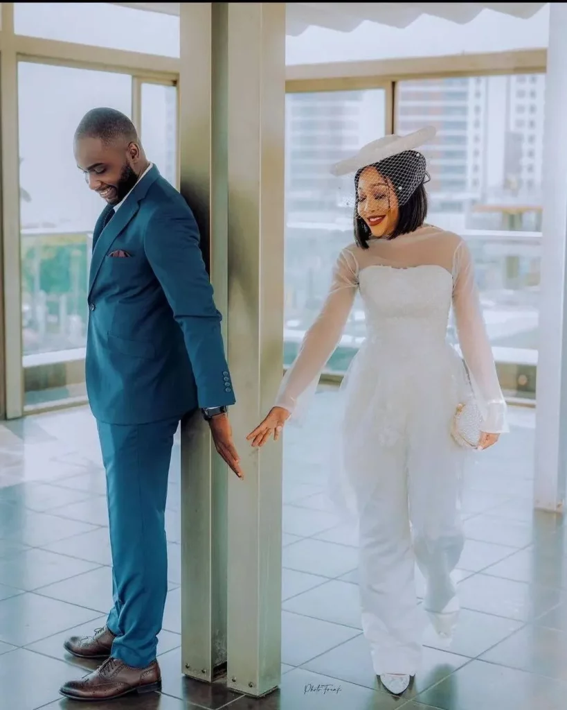 White trousers suit for civil wedding