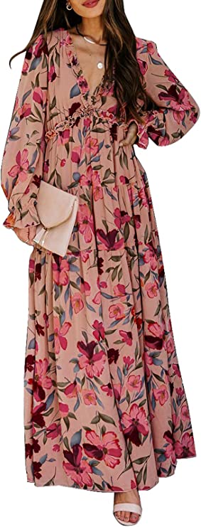 BLENCOT Womens Casual Floral Deep V Neck Long Sleeve