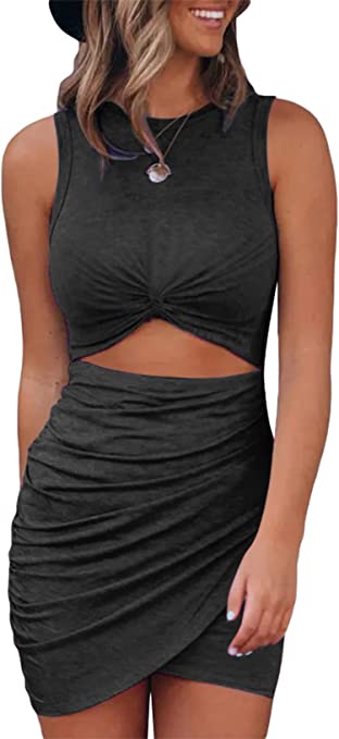 Acelitt Women's 2023 Summer Sleeveless Tank Dresses Cut Out Twist Bodycon Wrap Party Evening Mini Dress