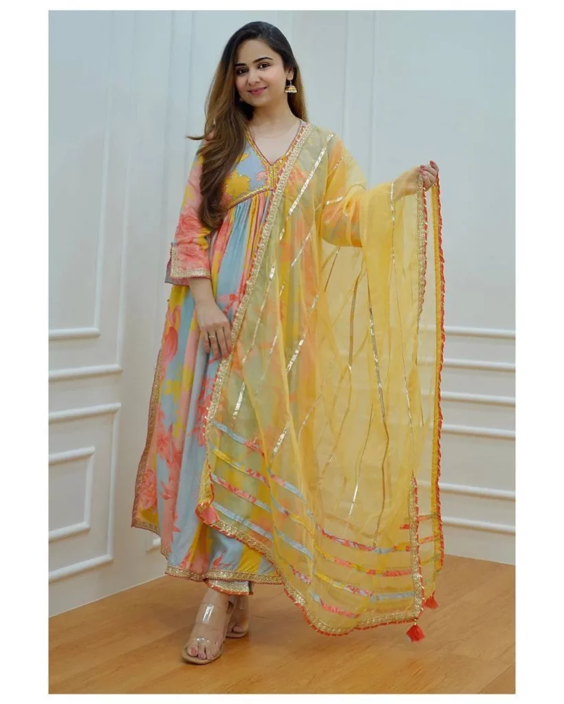 Sharara Suit Embroidery Work Kurti with Pant and Dupatta Set