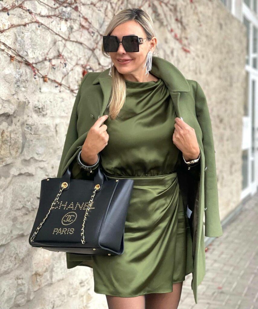 olive green satin dress with blazers