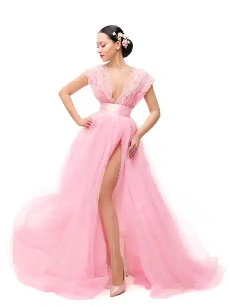 Thigh-slit mesh pink dress and pink pointy toe heels