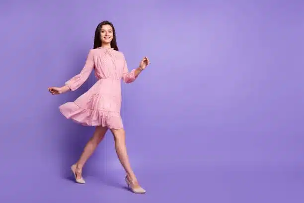 Long sleeve carnation pink blouson dress with pink comma heels