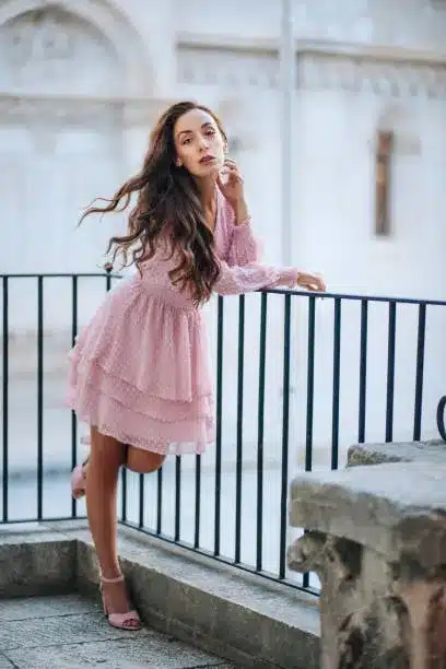 Flare baby pink dress with sculptural heels