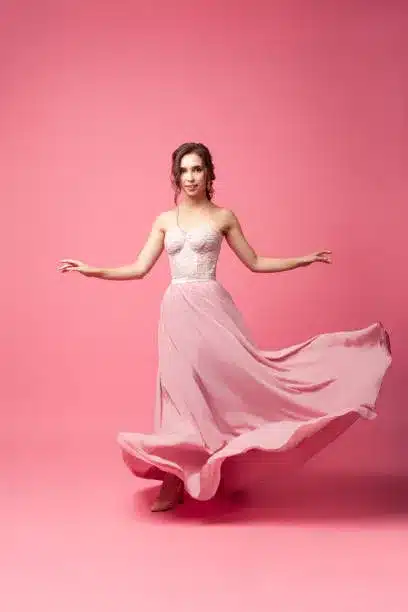 Sleeveless ball gown with pointy toe heels