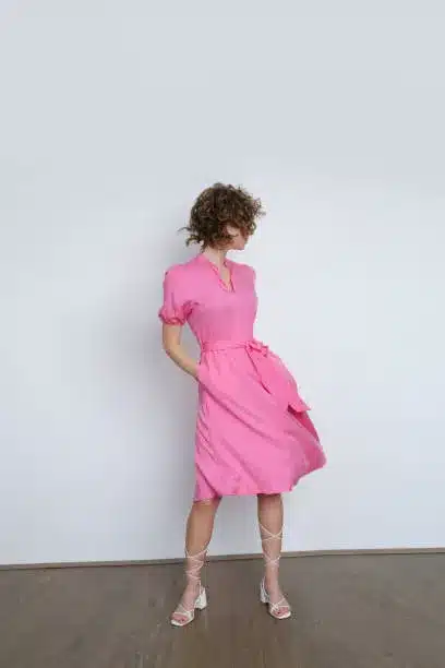 Rose pink cotton dress and lace-up heels