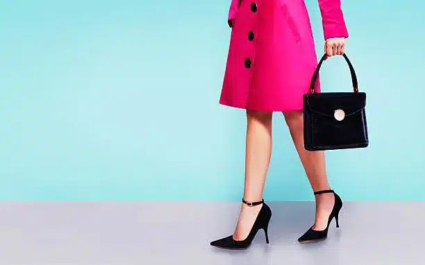 Magenta blazer dress and black pointy toe ankle strap heels